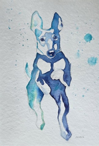 Aquarellbild  mit  rennendem Hund vor weissem Hintergrund